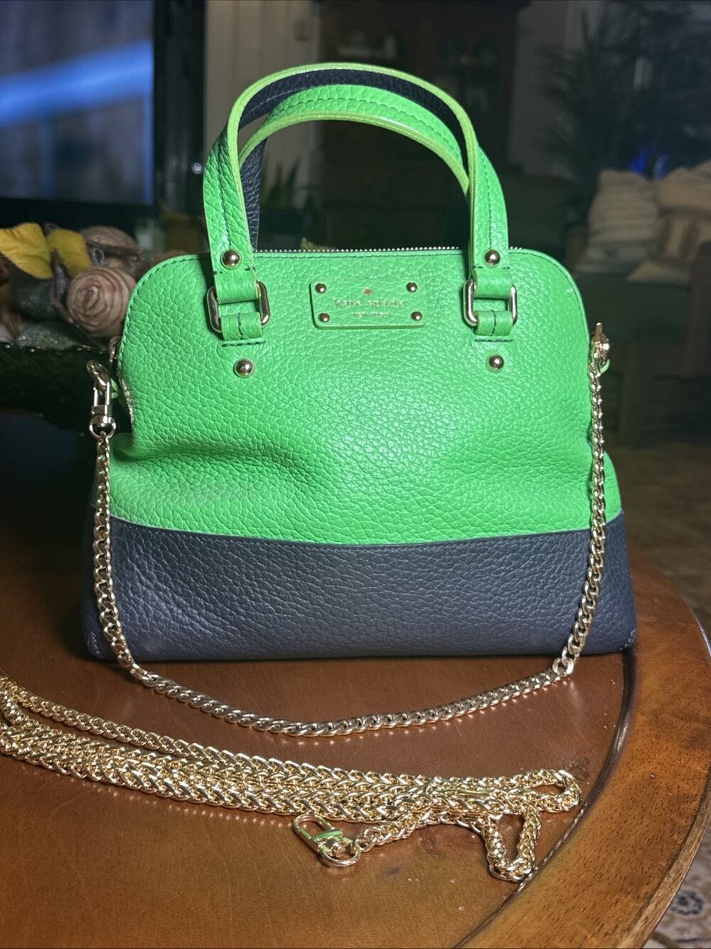 Kate Spade Grove Court Maise Pebbled Leather Satchel in Kelly Green and Navy